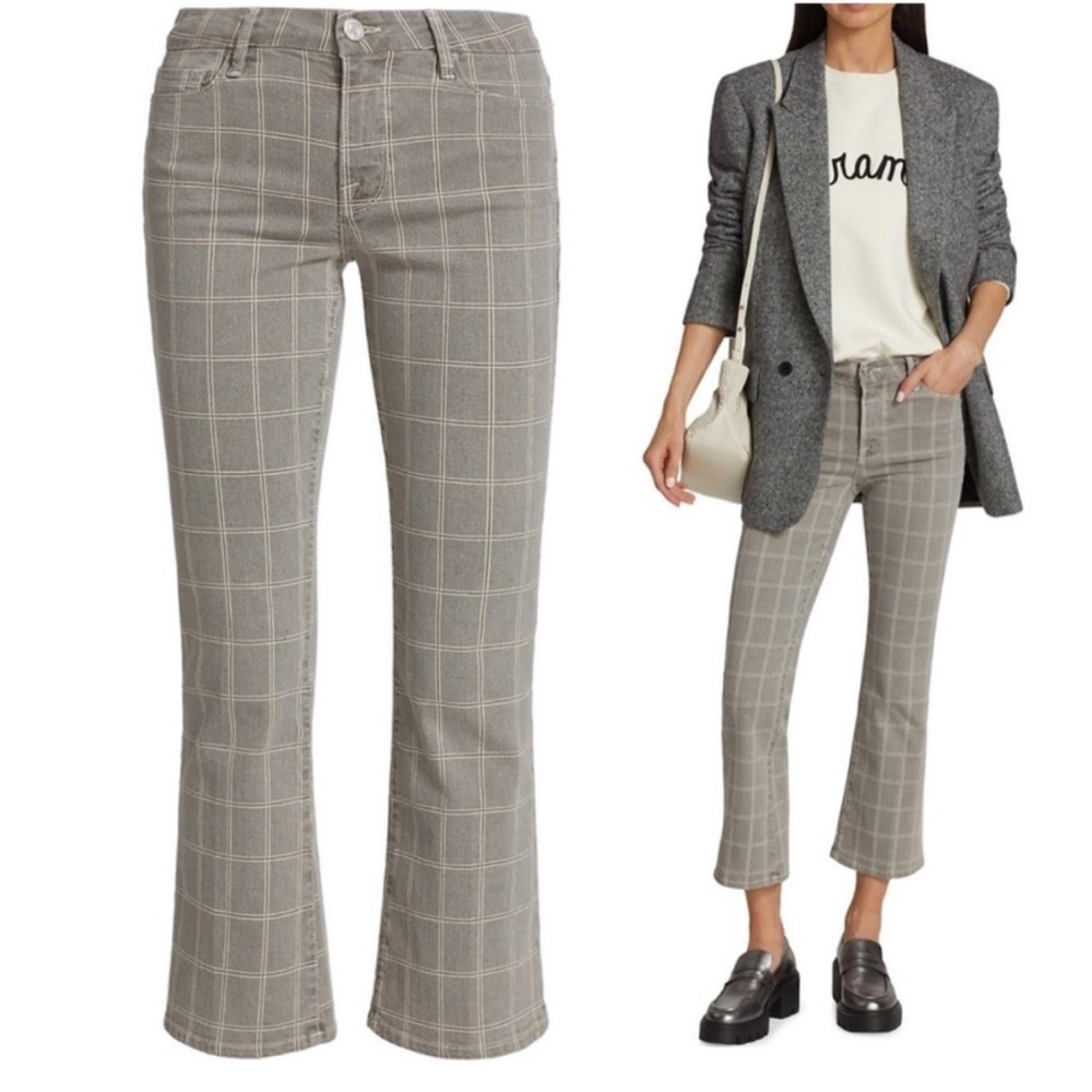 FRAME Le Crop Mini Boot Plaid Pant Jean in Window Pane Washed Plaid Size 26